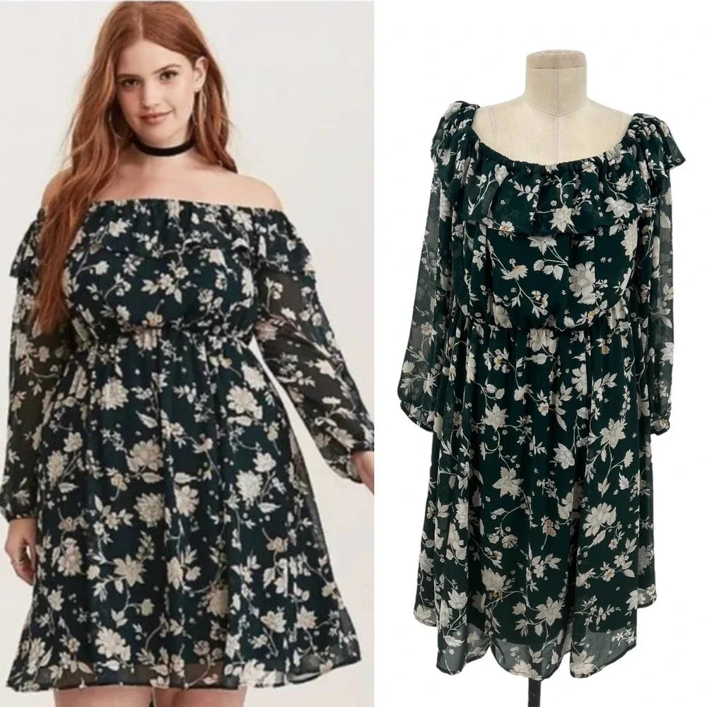Torrid Green Floral Off The Shoulder Chiffon Dress Plus Size 1X‎